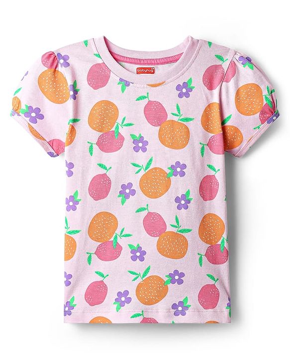 Babyhug Cotton Knit Half Sleeves Co-ords Night Suit With Floral Print - Pink