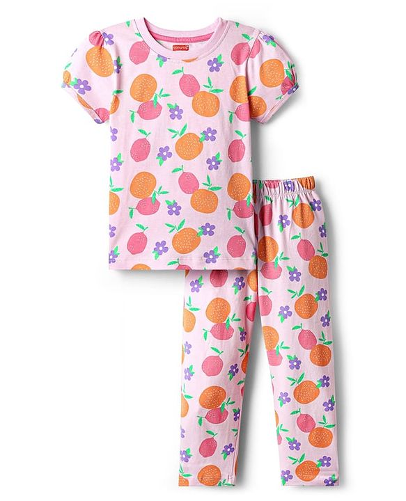 Babyhug Cotton Knit Half Sleeves Co-ords Night Suit With Floral Print - Pink
