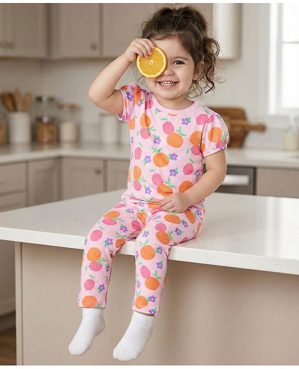 Babyhug Cotton Knit Half Sleeves Co-ords Night Suit With Floral Print - Pink