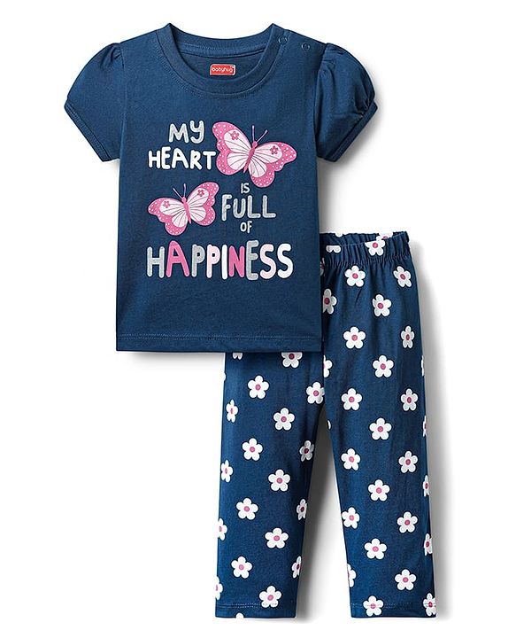 Babyhug Cotton Knit Half Sleeves Night Suit With Floral & Butterfly Print - Navy Blue