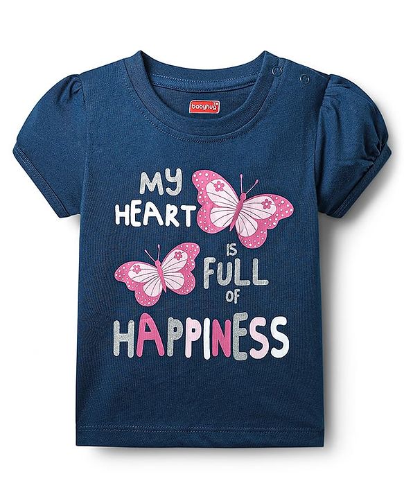 Babyhug Cotton Knit Half Sleeves Night Suit With Floral & Butterfly Print - Navy Blue