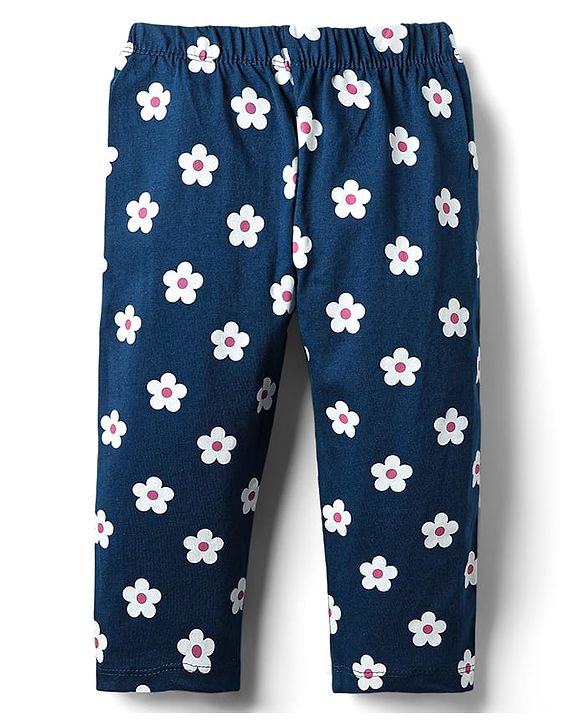 Babyhug Cotton Knit Half Sleeves Night Suit With Floral & Butterfly Print - Navy Blue