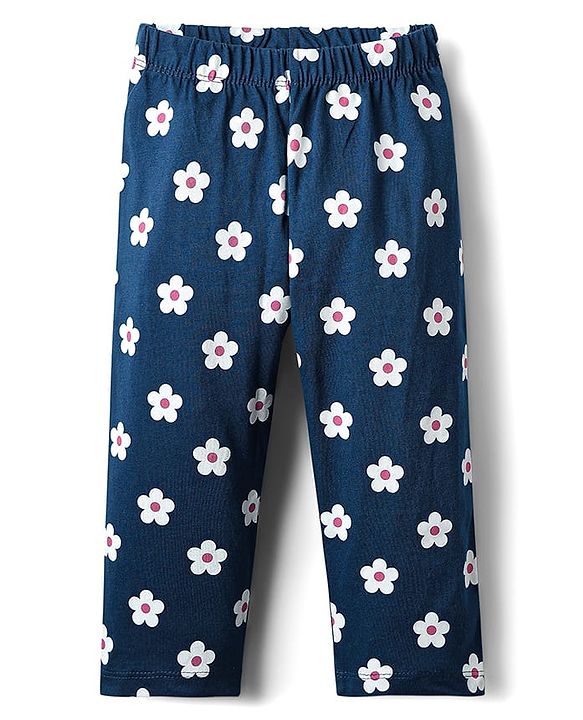Babyhug Cotton Knit Half Sleeves Night Suit With Floral & Butterfly Print - Navy Blue