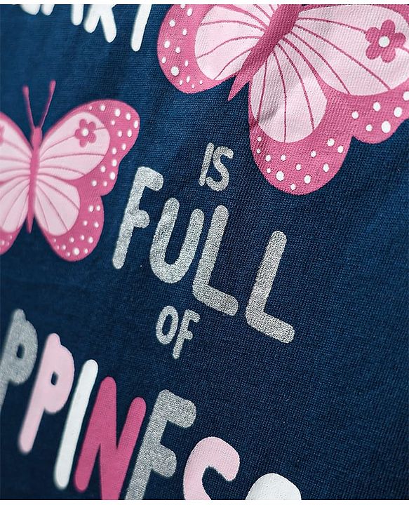Babyhug Cotton Knit Half Sleeves Night Suit With Floral & Butterfly Print - Navy Blue