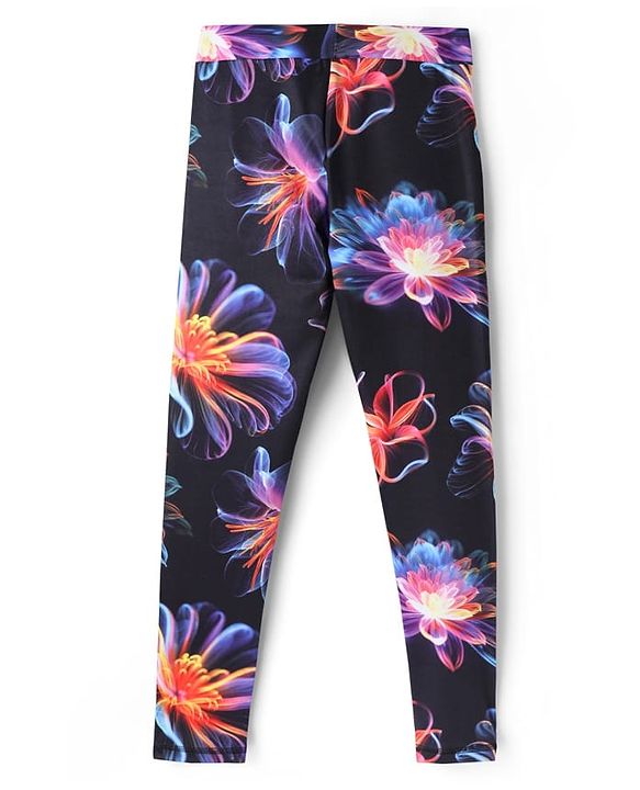 Pine Active Knit Full Length Super Stretch Leggings With Floral Print - Black