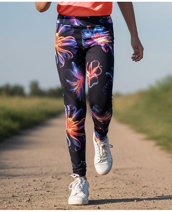 Pine Active Knit Full Length Super Stretch Leggings With Floral Print - Black