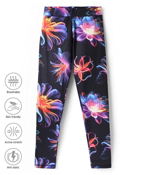 Pine Active Knit Full Length Super Stretch Leggings With Floral Print - Black