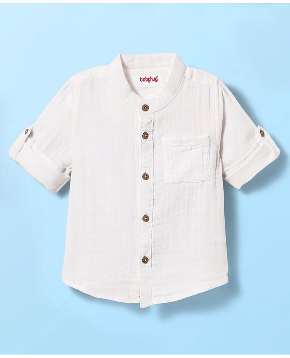 Babyhug 100% Cotton Full Sleeves Solid Coloured Mandarin Collar Shirt - White