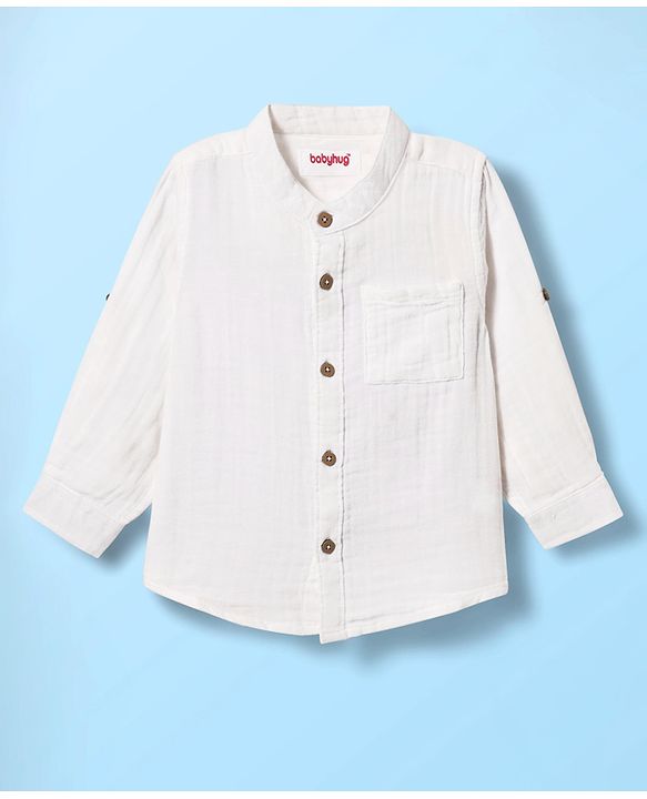 Babyhug 100% Cotton Full Sleeves Solid Coloured Mandarin Collar Shirt - White