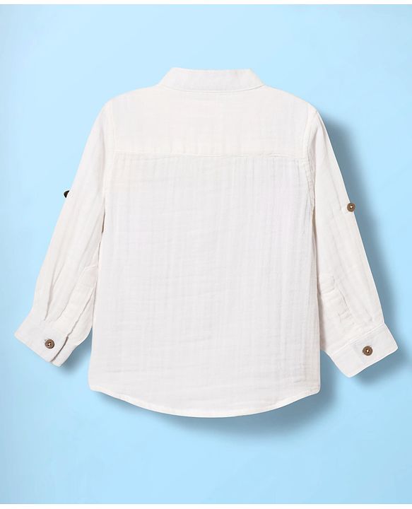 Babyhug 100% Cotton Full Sleeves Solid Coloured Mandarin Collar Shirt - White