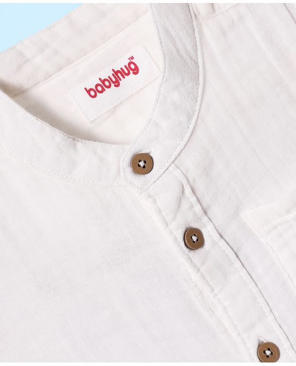 Babyhug 100% Cotton Full Sleeves Solid Coloured Mandarin Collar Shirt - White