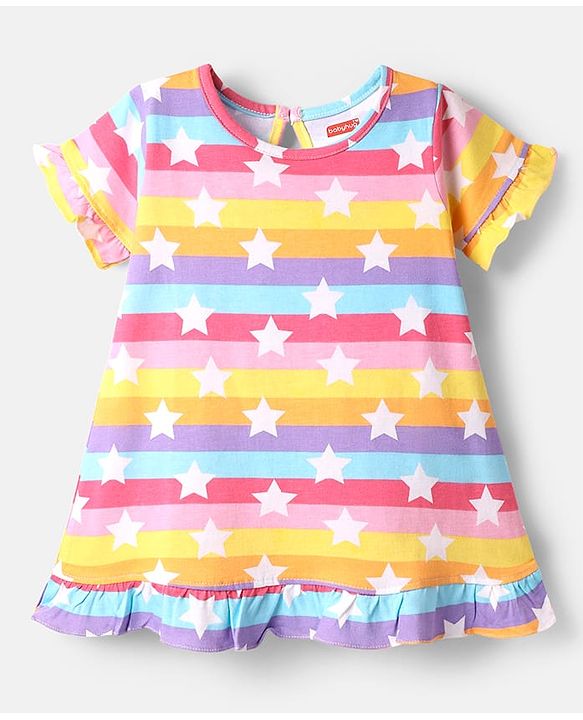 Babyhug Cotton Knit Half Sleeves Striped Nighty With Star Print - Multicolor
