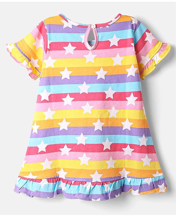 Babyhug Cotton Knit Half Sleeves Striped Nighty With Star Print - Multicolor