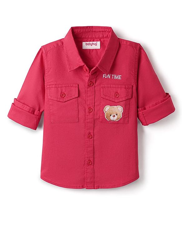 Babyhug Cotton Woven Full Sleeves Shirt with Bear Print - Red