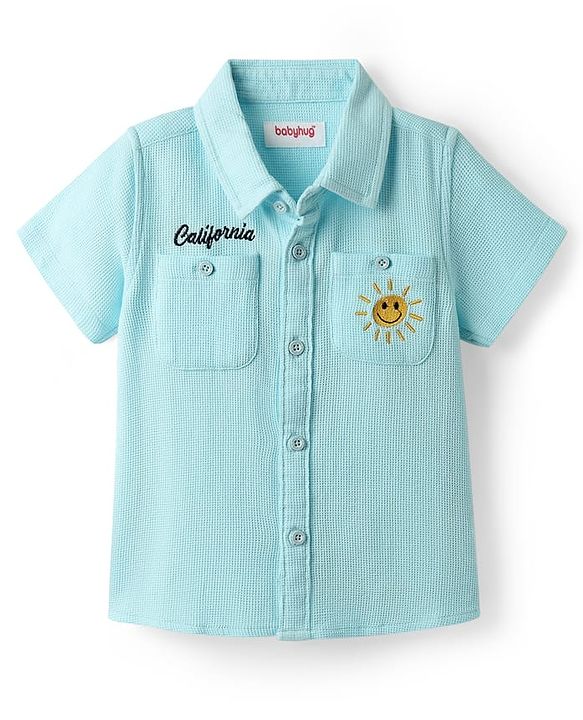 Babyhug Cotton Woven Half Sleeve Solid Color Shirt with Embroidery - Light Blue