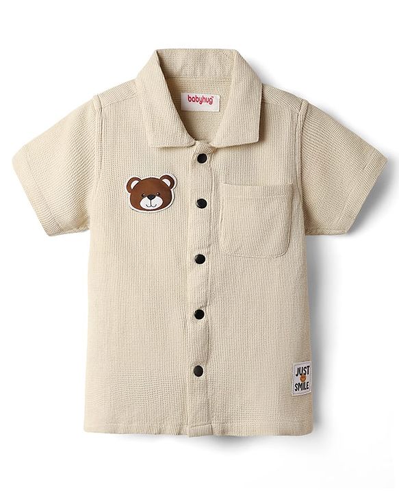 Babyhug Cotton Waffle Woven Half Sleeves Resort Collar Solid Shirt With Teddy Bear Patch - Cream