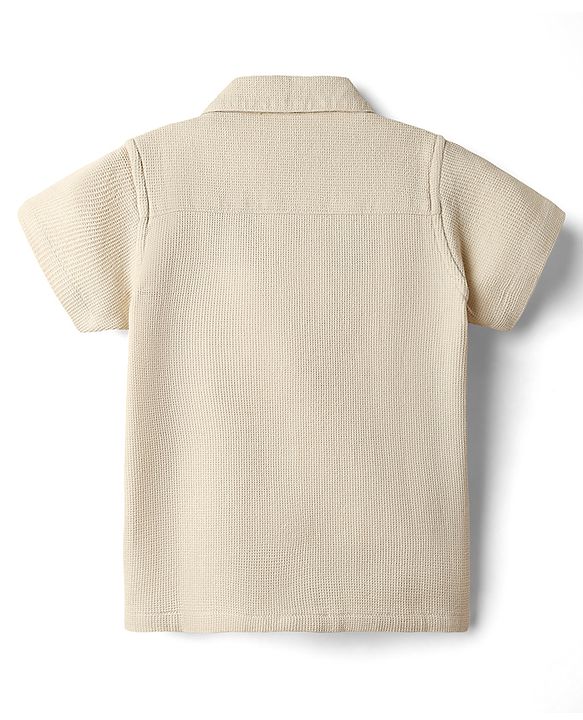 Babyhug Cotton Waffle Woven Half Sleeves Resort Collar Solid Shirt With Teddy Bear Patch - Cream