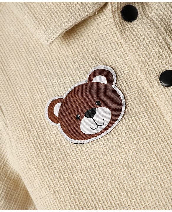 Babyhug Cotton Waffle Woven Half Sleeves Resort Collar Solid Shirt With Teddy Bear Patch - Cream
