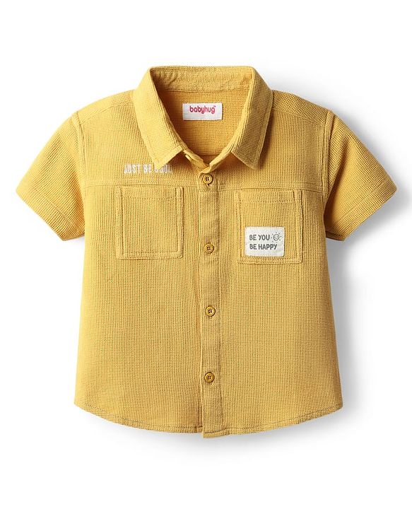 Babyhug 100% Cotton Waffle Half Sleeves Shirt With Patch Detailing - Yellow