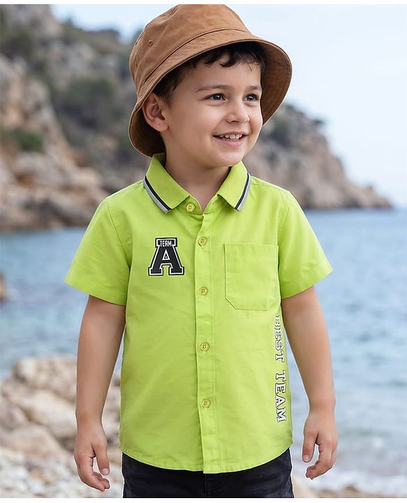 Babyhug Cotton Woven Half Sleeves Rib Collar Shirt With Alphabet Patch - Green