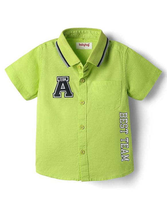 Babyhug Cotton Woven Half Sleeves Rib Collar Shirt With Alphabet Patch - Green
