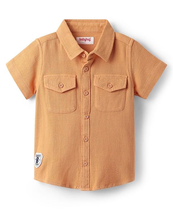Babyhug Cotton Waffle Woven Half Sleeves Solid Shirt - Peach