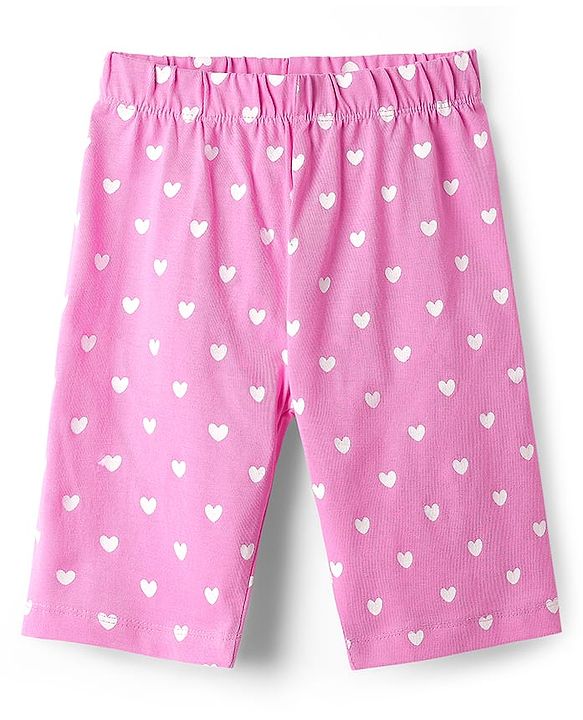 Babyhug Cotton Knit Cap Sleeves Capri Night Suit With Heart Print - Pink