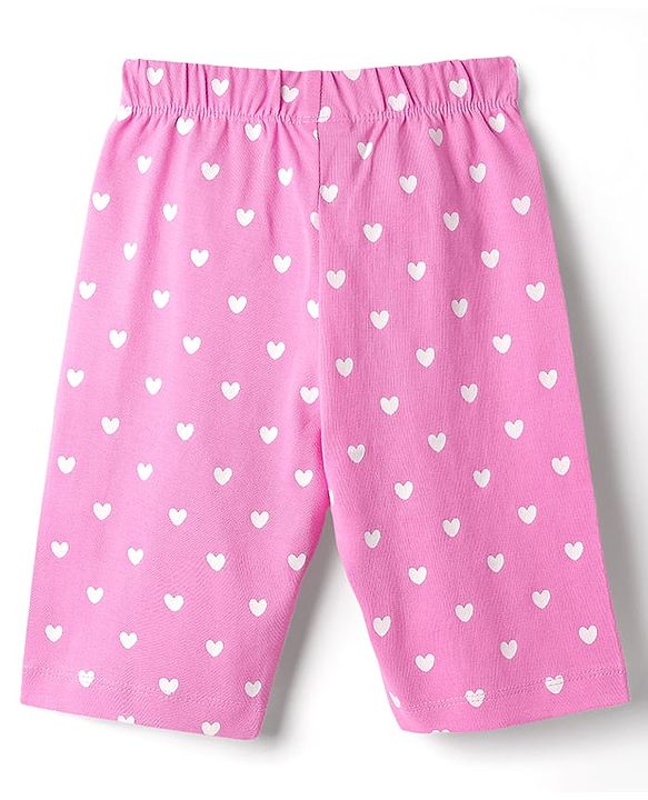 Babyhug Cotton Knit Cap Sleeves Capri Night Suit With Heart Print - Pink