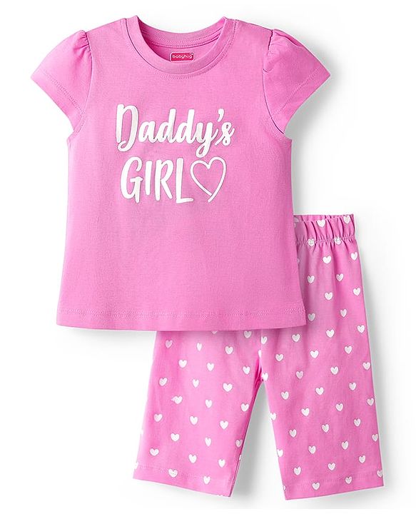 Babyhug Cotton Knit Cap Sleeves Capri Night Suit With Heart Print - Pink