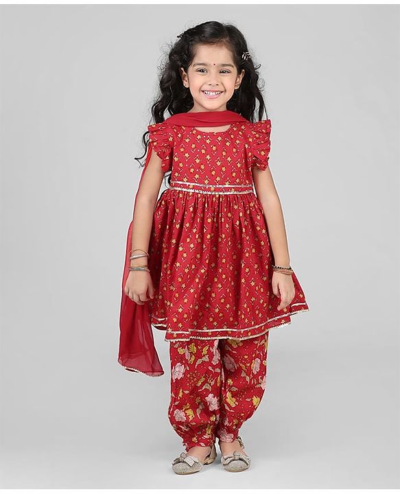 Babyhug Woven Frill Sleeves Rayon Printed Kurti Churidar & Dupatta Set - Red