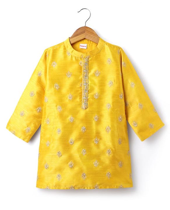Babyhug Woven Manderin Collar Full Sleeves Kurta Dhoti Set With Floral Embroidered - Yellow