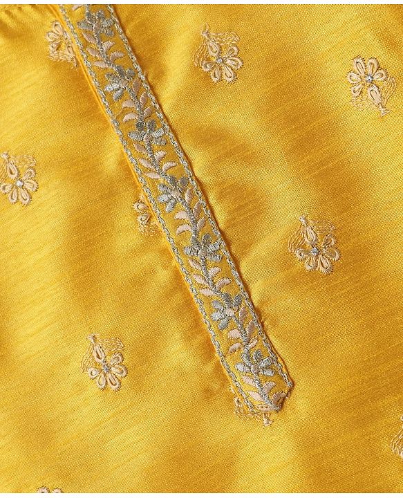 Babyhug Woven Manderin Collar Full Sleeves Kurta Dhoti Set With Floral Embroidered - Yellow
