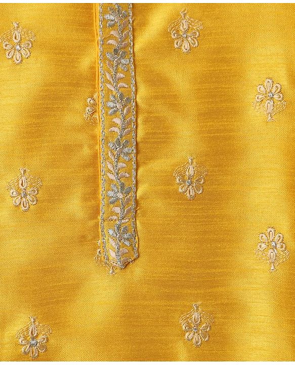 Babyhug Woven Manderin Collar Full Sleeves Kurta Dhoti Set With Floral Embroidered - Yellow