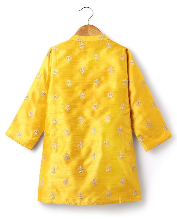 Babyhug Woven Manderin Collar Full Sleeves Kurta Dhoti Set With Floral Embroidered - Yellow