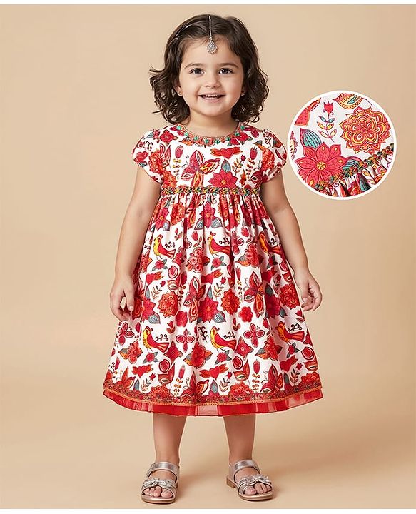 Babyhug Cotton Woven Half Sleeves Ethnic Dress With Floral Print - White
