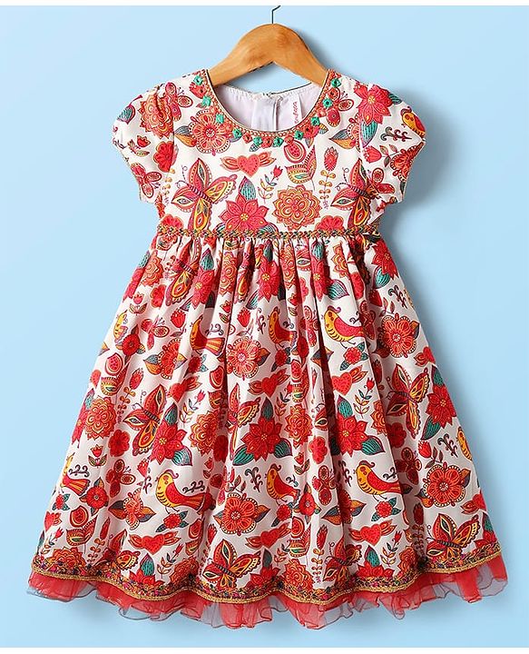 Babyhug Cotton Woven Half Sleeves Ethnic Dress With Floral Print - White