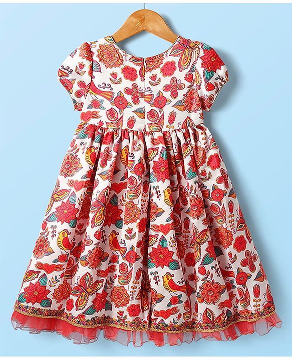 Babyhug Cotton Woven Half Sleeves Ethnic Dress With Floral Print - White