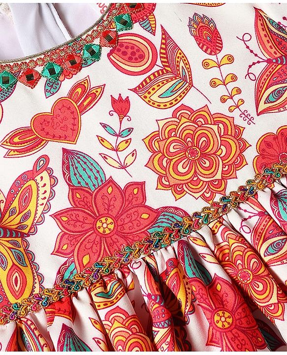 Babyhug Cotton Woven Half Sleeves Ethnic Dress With Floral Print - White
