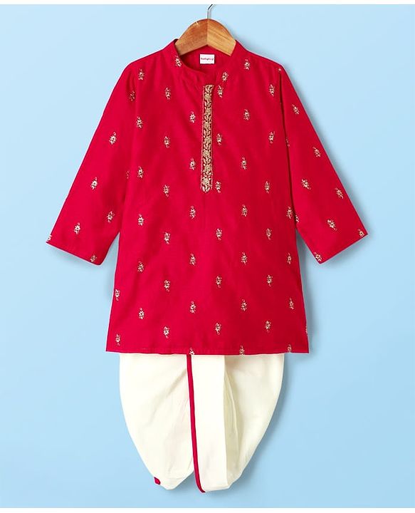 Babyhug Woven Full Sleeves Kurta Dhoti Set With Floral Embroidery - Red