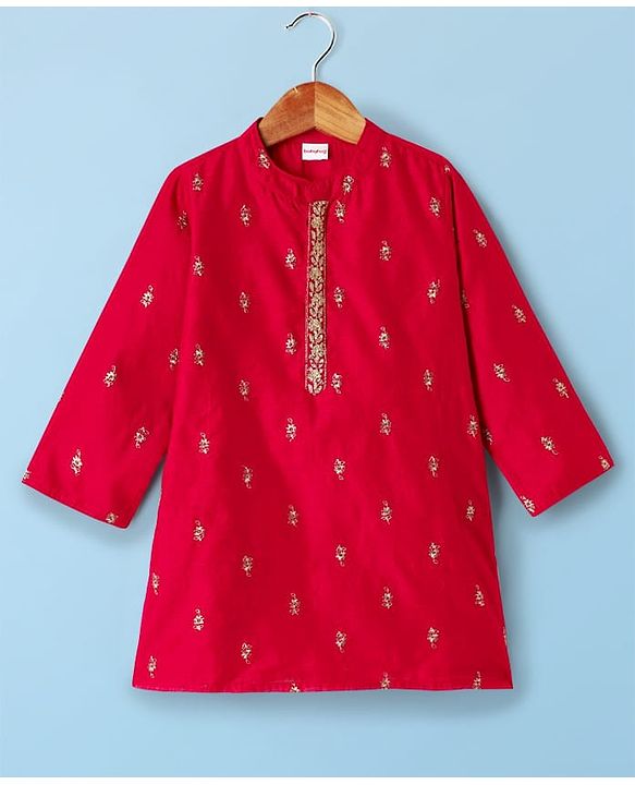 Babyhug Woven Full Sleeves Kurta Dhoti Set With Floral Embroidery - Red