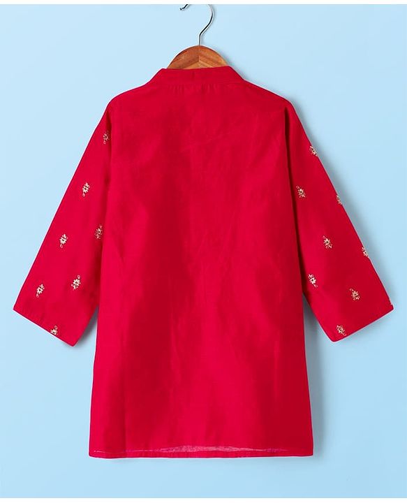 Babyhug Woven Full Sleeves Kurta Dhoti Set With Floral Embroidery - Red