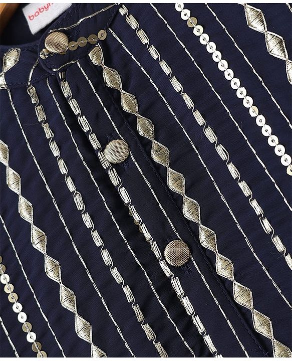 Babyhug Woven Mandarin Collar Full Sleeves Kurta Pyjama Set With Sequin Detailing - Navy Blue