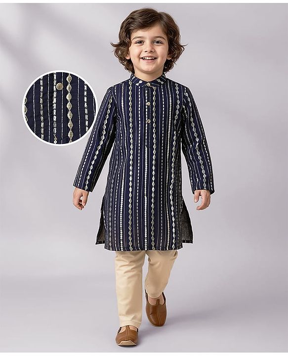 Babyhug Woven Mandarin Collar Full Sleeves Kurta Pyjama Set With Sequin Detailing - Navy Blue