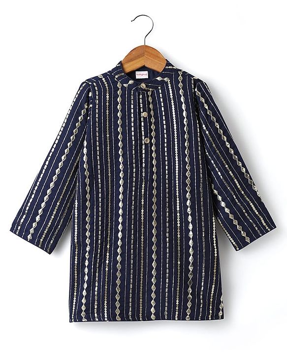 Babyhug Woven Mandarin Collar Full Sleeves Kurta Pyjama Set With Sequin Detailing - Navy Blue