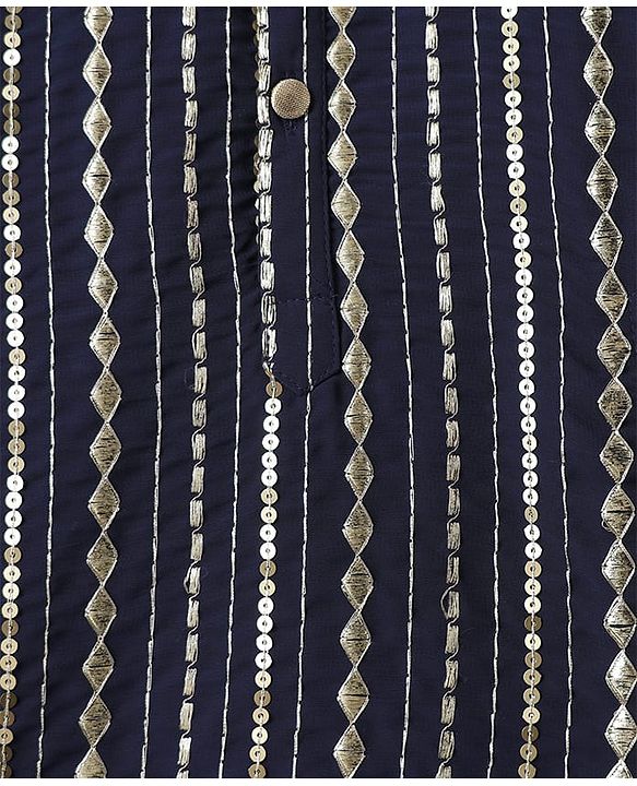 Babyhug Woven Mandarin Collar Full Sleeves Kurta Pyjama Set With Sequin Detailing - Navy Blue