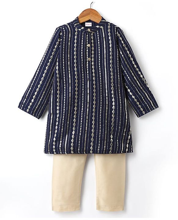 Babyhug Woven Mandarin Collar Full Sleeves Kurta Pyjama Set With Sequin Detailing - Navy Blue