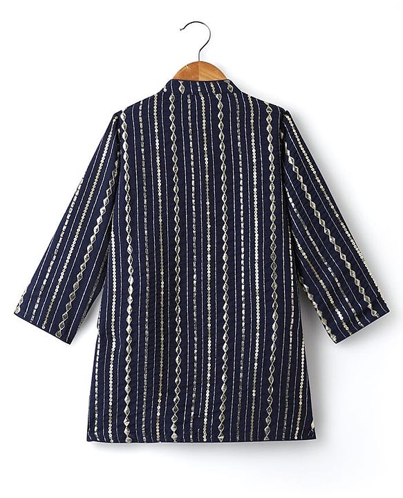 Babyhug Woven Mandarin Collar Full Sleeves Kurta Pyjama Set With Sequin Detailing - Navy Blue