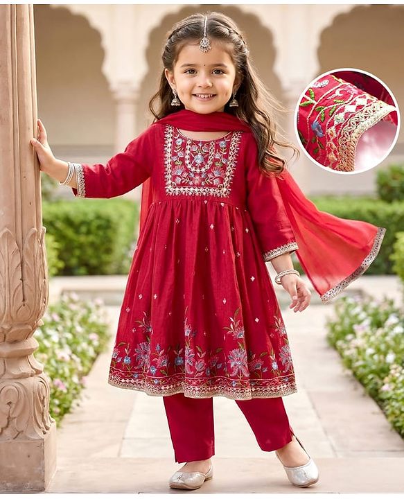 Babyhug Woven Three Fourth Sleeves Floral Embriodered Kurti Salwar & Dupatta Set - Red