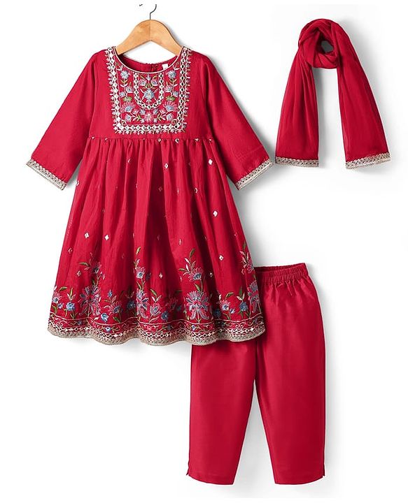 Babyhug Woven Three Fourth Sleeves Floral Embriodered Kurti Salwar & Dupatta Set - Red