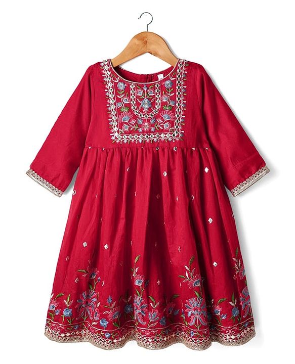 Babyhug Woven Three Fourth Sleeves Floral Embriodered Kurti Salwar & Dupatta Set - Red